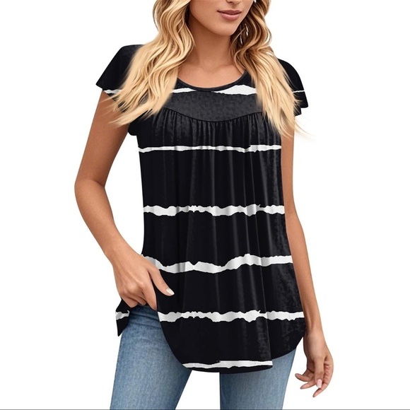 Women’s Black & White Striped Short Sleeve Blouse Top - Picture 2 of 6
